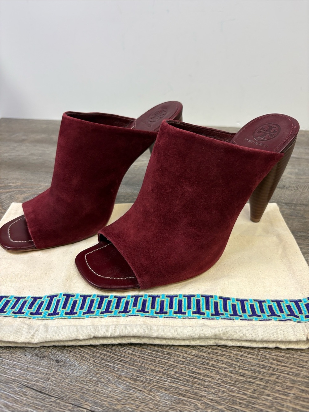 Tory Burch Burgundy Suede Peep Toe High Heel Mules Size 9.5